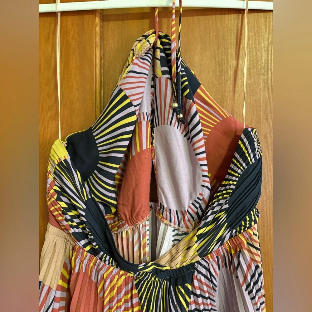 HOUSE OF HARLOW PLEATED TIE-NECK CUT-OUT-BODICE BACKLESS HALTER MAXI DRESS sz L - Picture 9 of 9